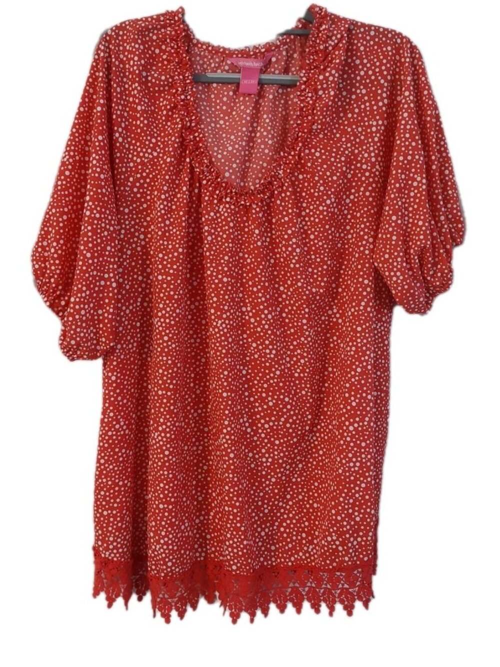 Woman Within Shirt Size 2X Red Polka Dot Top Pleated Ruffle Lace Blouse
